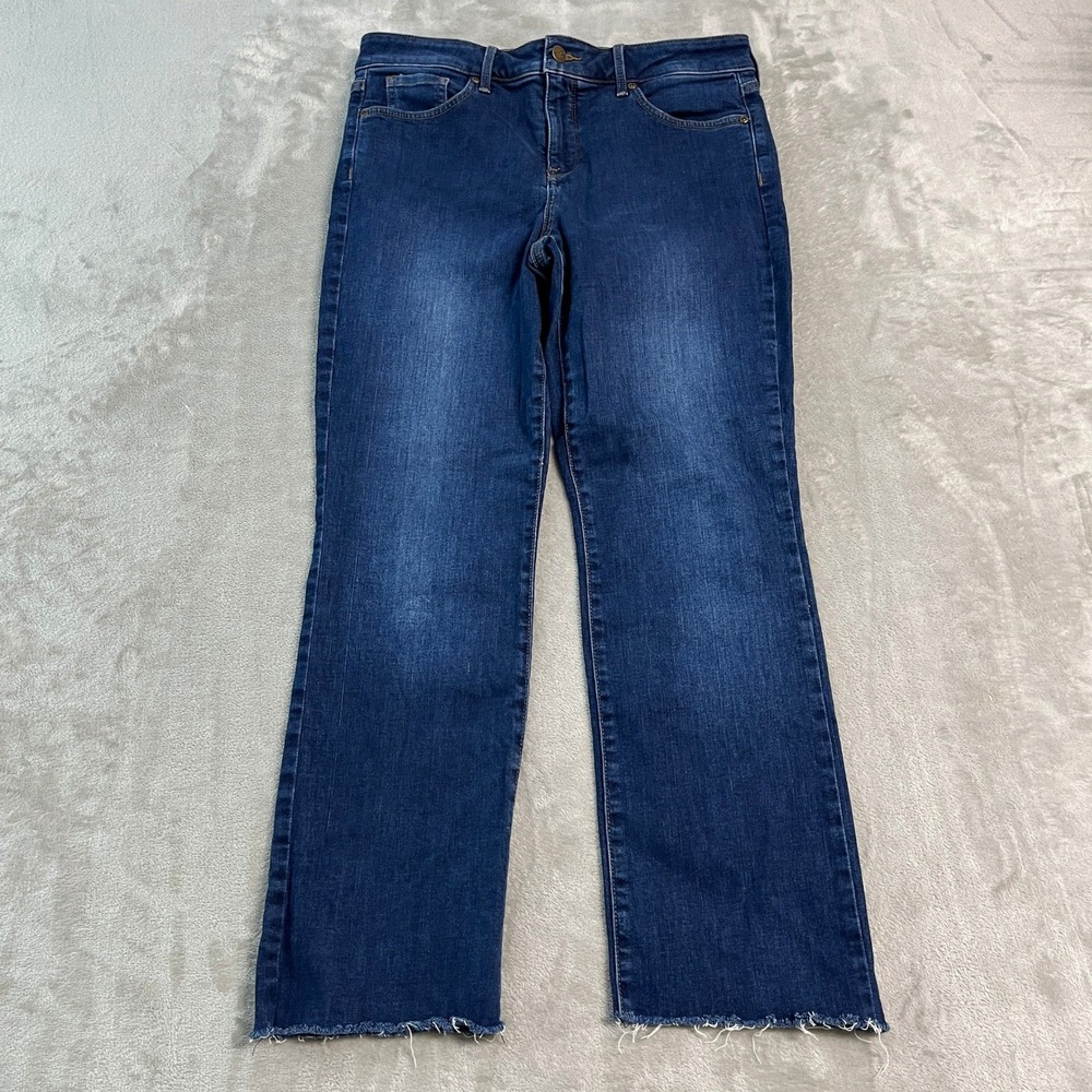 NYDJ Marilyn Straight Leg Jeans Dark Wash Lift Tuck Raw Hem Blue Womens 10 EUC